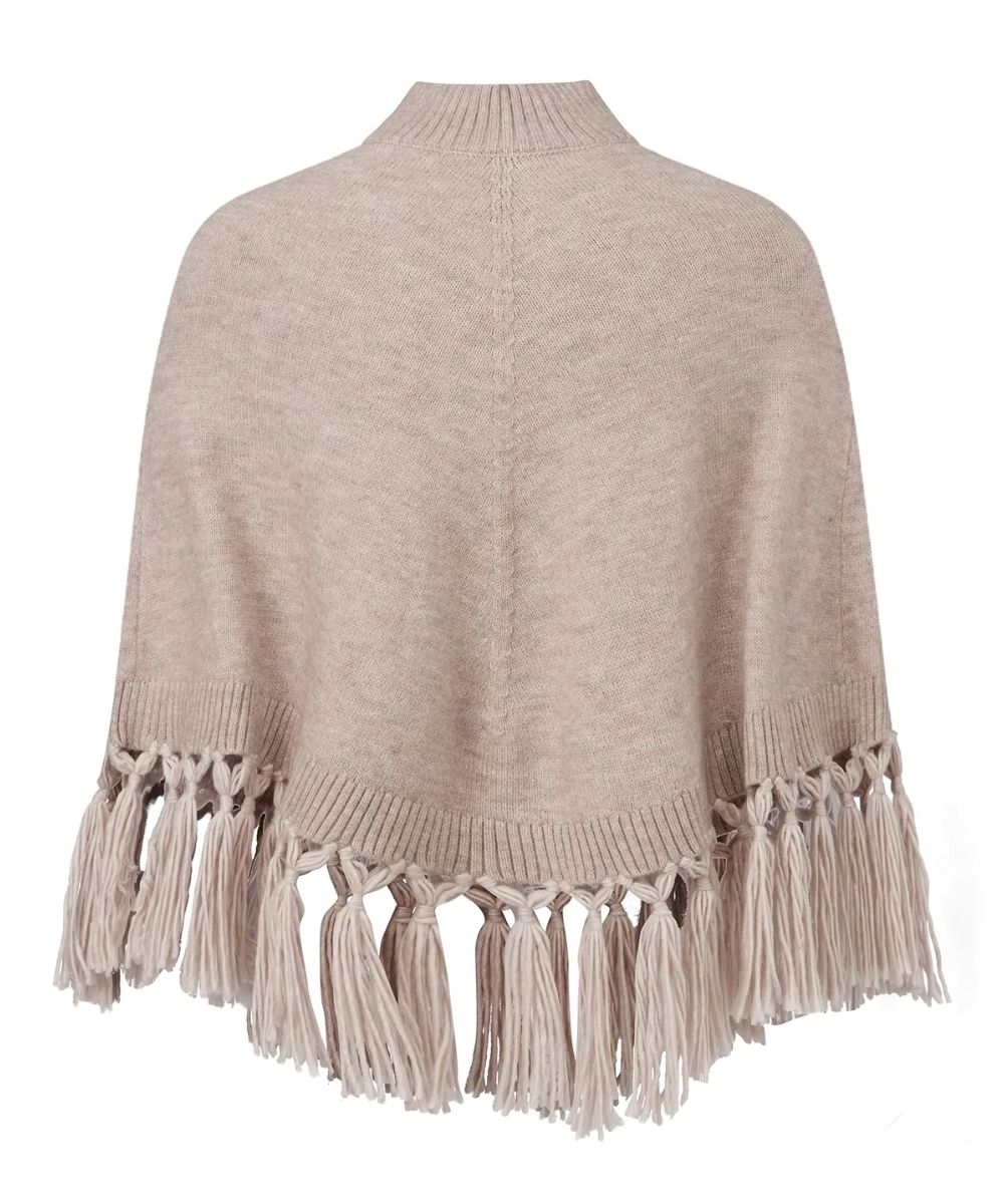 Poncho Court à Col Montant et Franges en Tricot