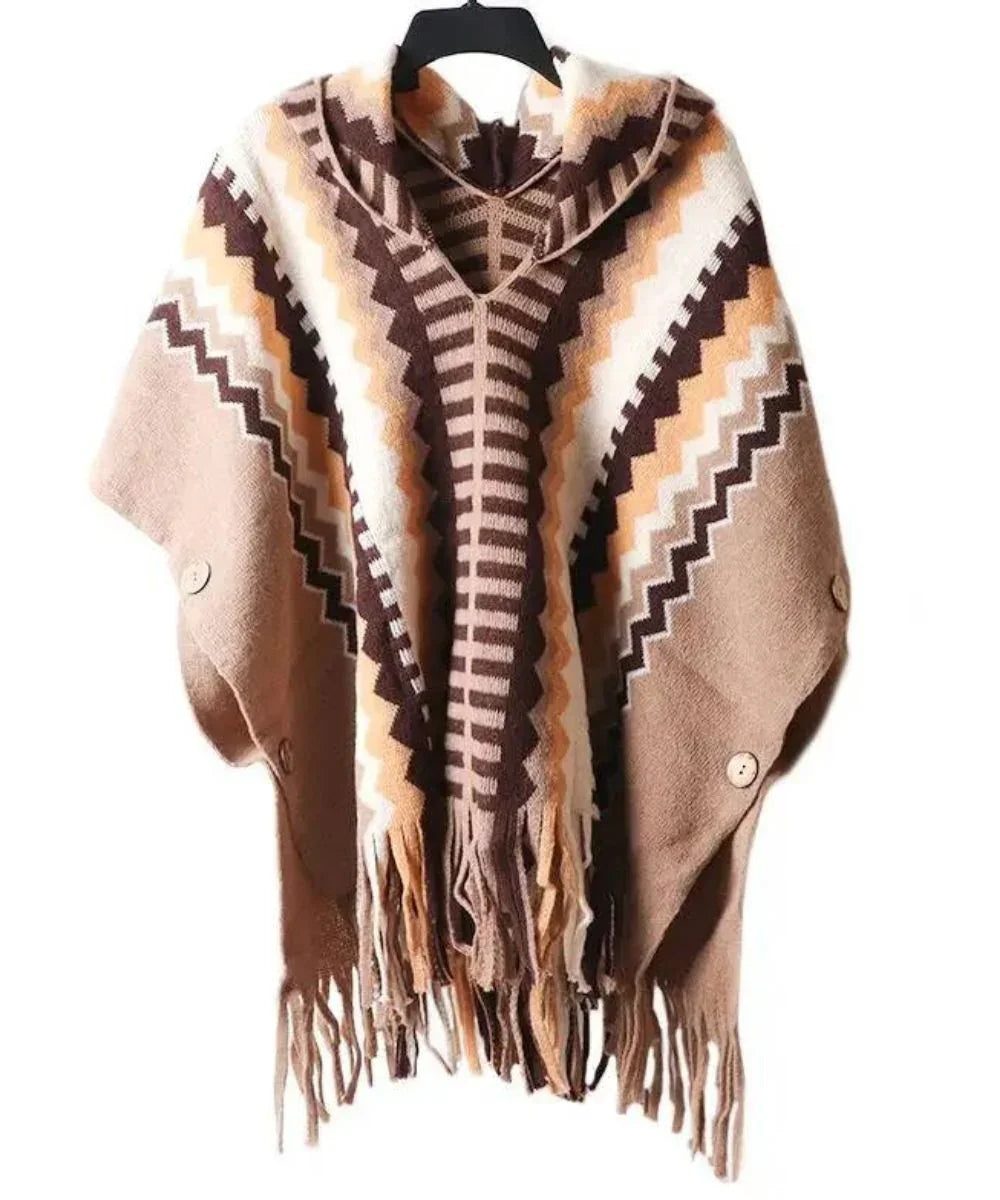 Poncho avec capuche à motifs ethniques marron, beige et blanc, franges et boutons décoratifs