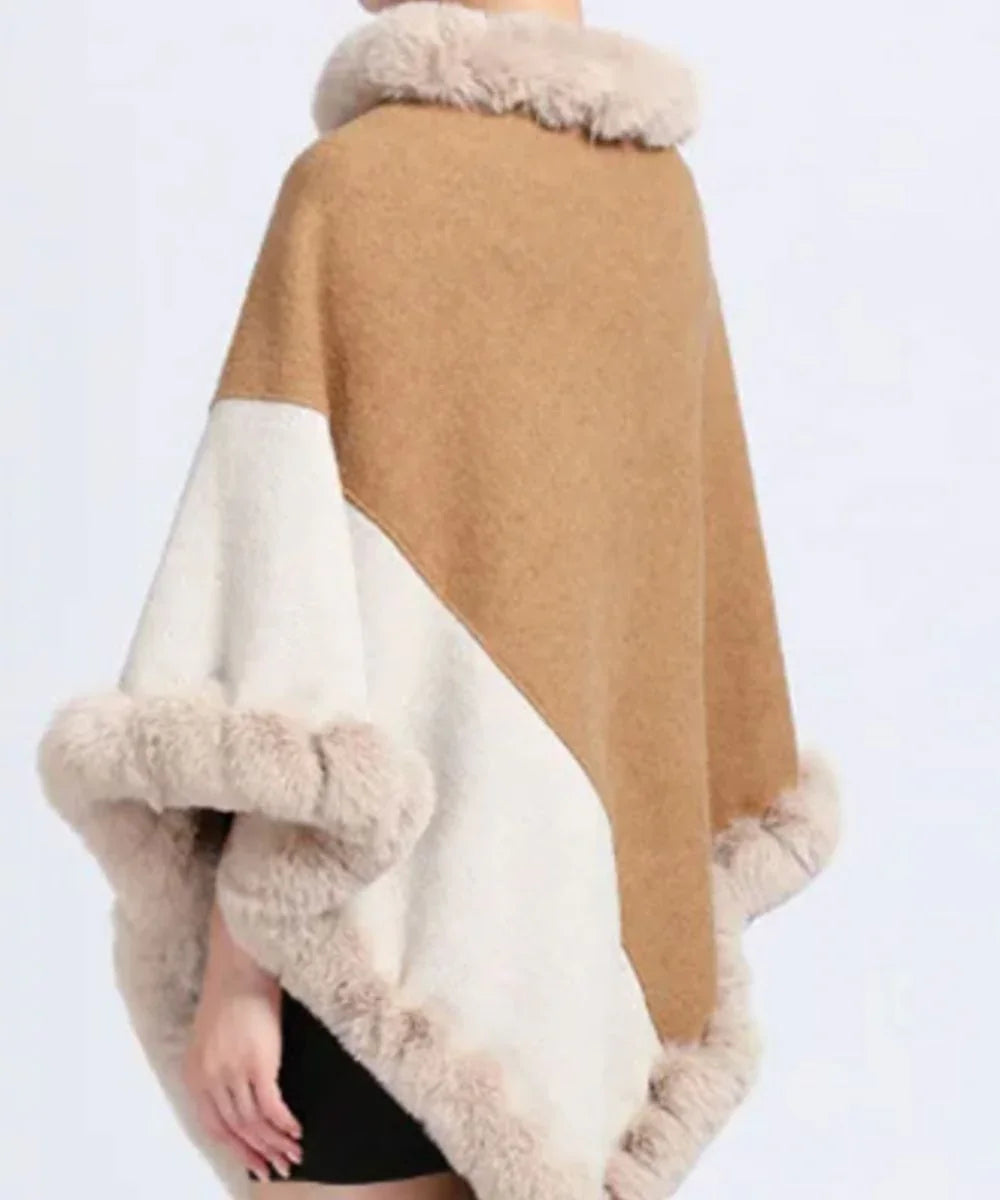 Poncho cachemire camel et blanc à bords en fausse fourrure, style élégant et douillet