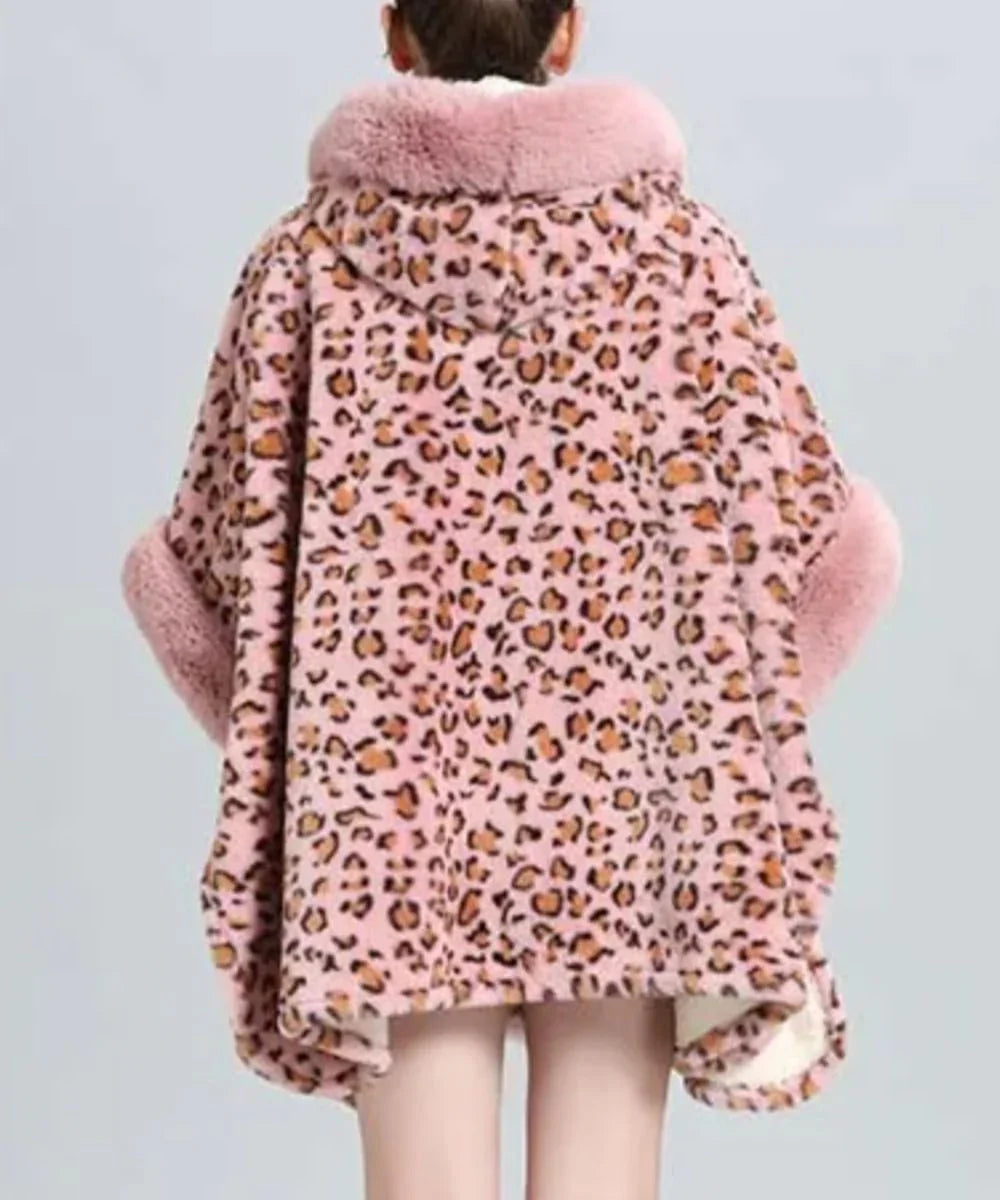 Poncho femme chaud à capuche motif léopard rose, coupe ample, style douillet hiver