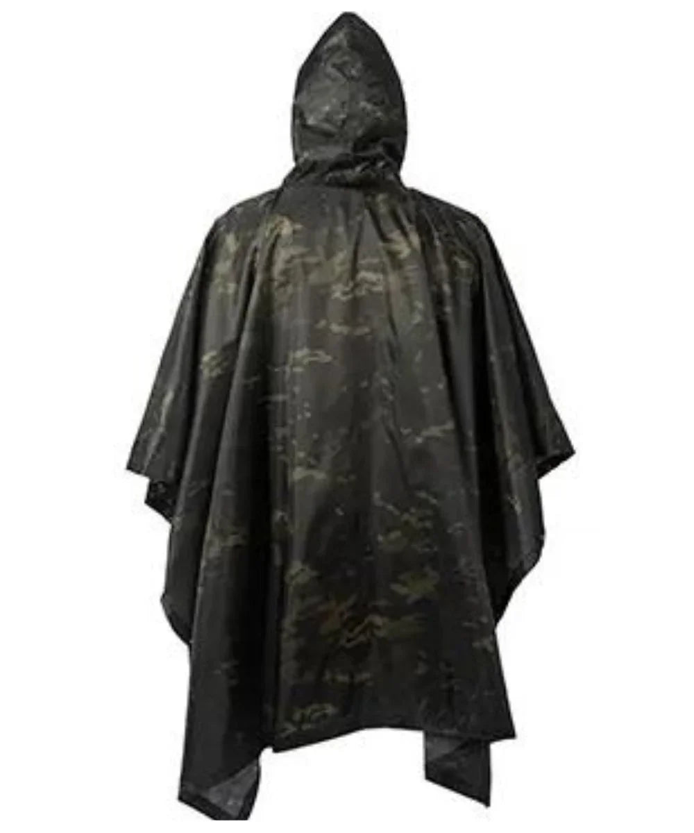 Poncho imperméable camouflage militaire avec capuche, vue de dos, protection pluie