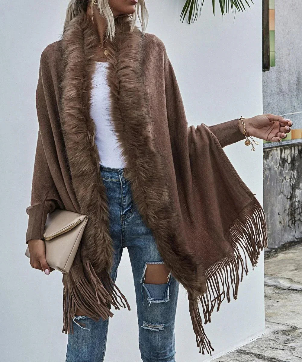 Poncho femme marron à manches et fausse fourrure, look décontracté, tendance automne hiver