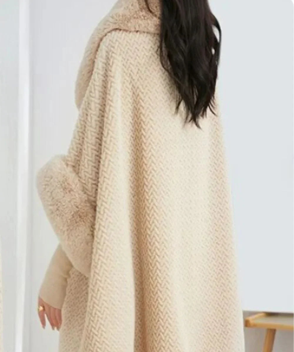 Poncho femme beige très chaud à motif chevron, cape d'hiver élégante et douillette