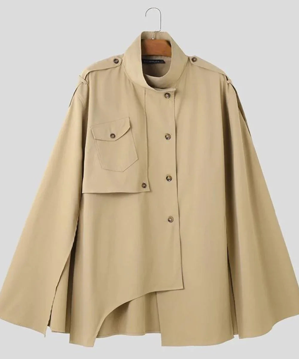 Poncho grande taille homme beige, coupe ample, poche poitrine, style décontracté