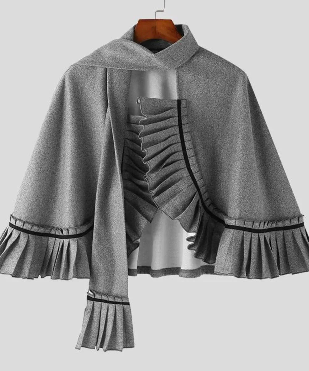 Poncho hiver homme gris à volants, élégant et chaud, suspendu sur cintre