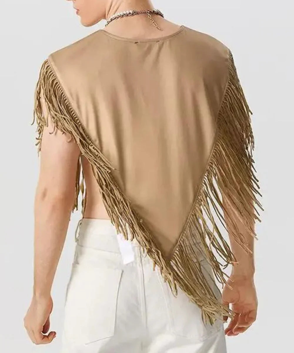 Poncho homme beige à franges, coupe ample, vu de dos, style décontracté