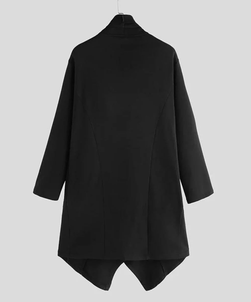 Poncho long noir homme vu de dos, coupe moderne, manches longues, style élégant