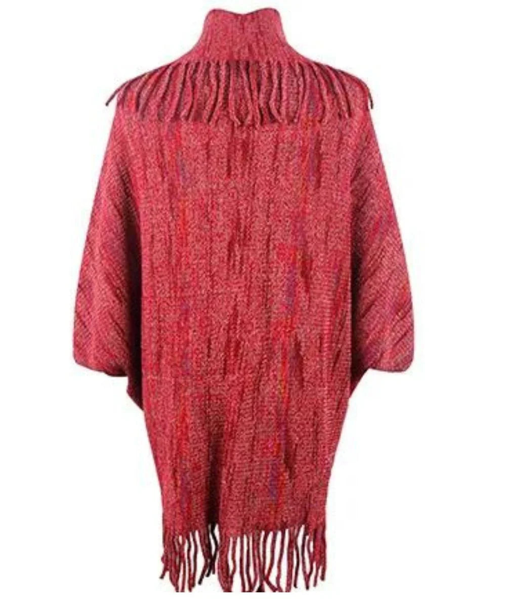Poncho femme rouge à manches longues, col montant et franges, vue de dos.