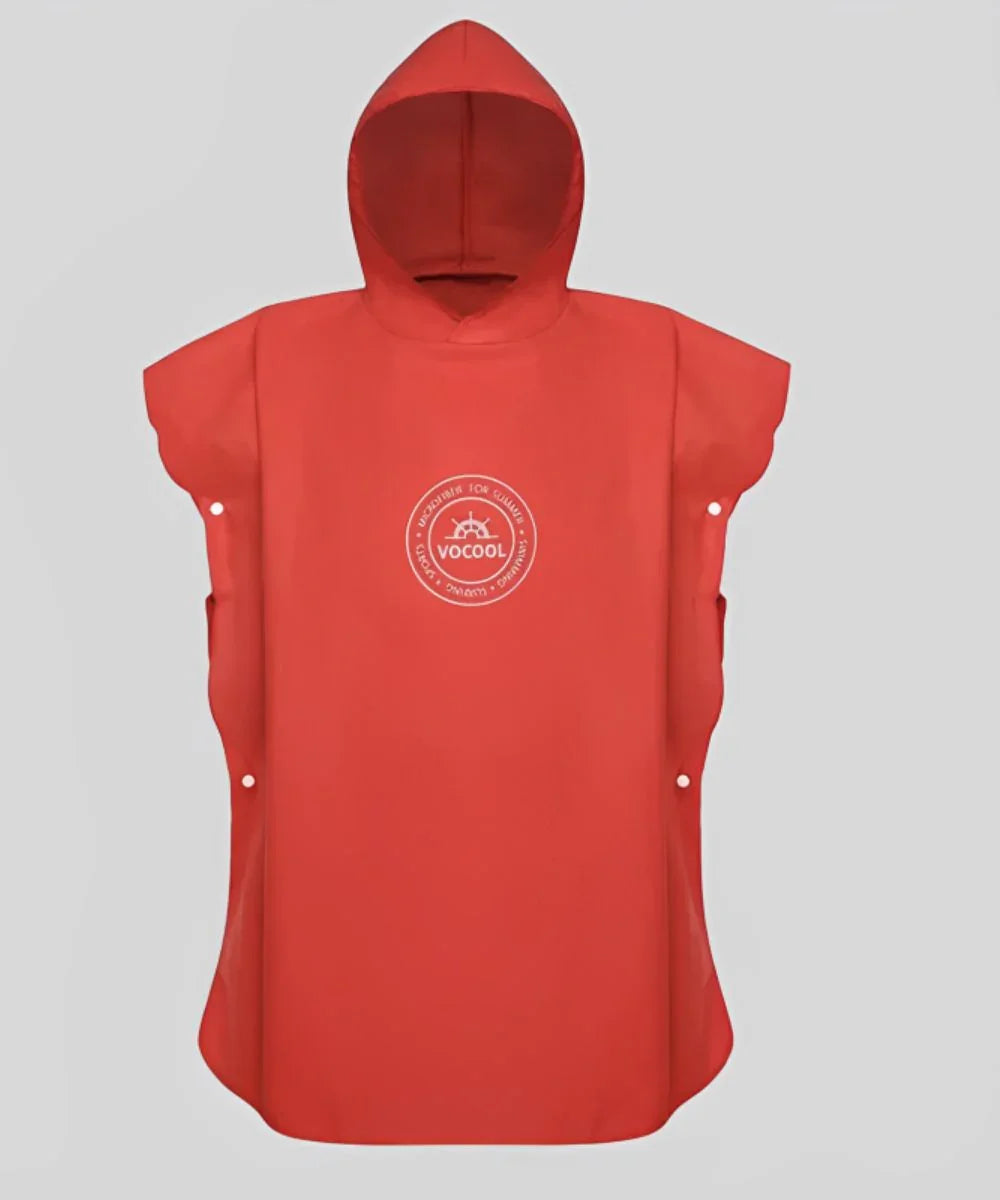 Poncho de plage enfant rouge avec capuche et logo blanc sur fond gris, poncho surf