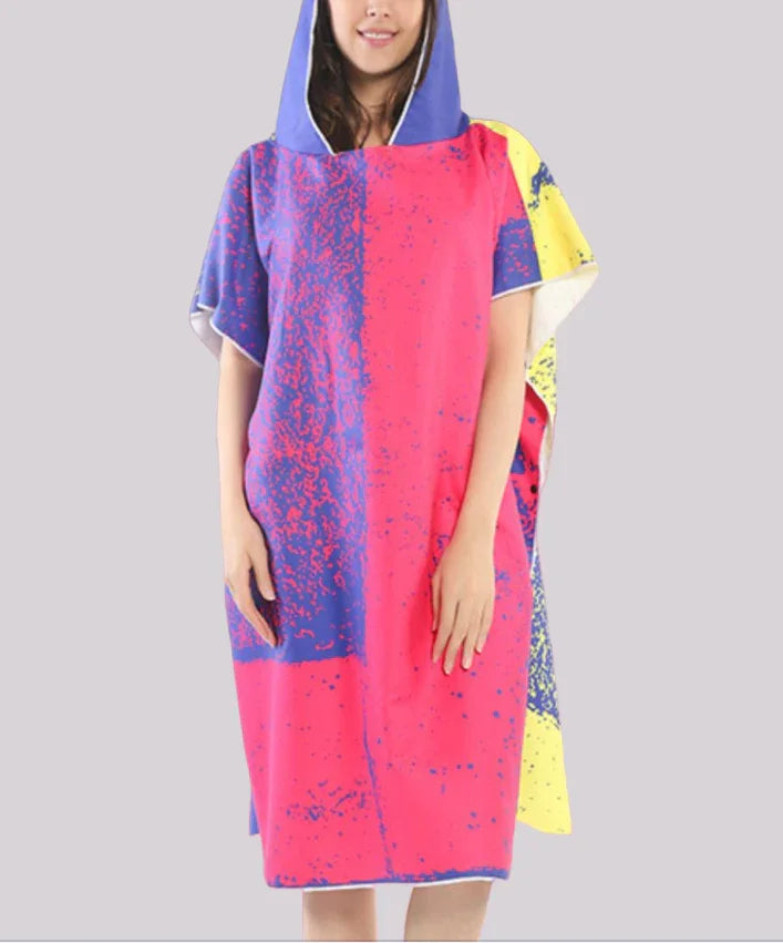 Poncho de plage femme à capuche, rose, bleu et jaune, style décontracté