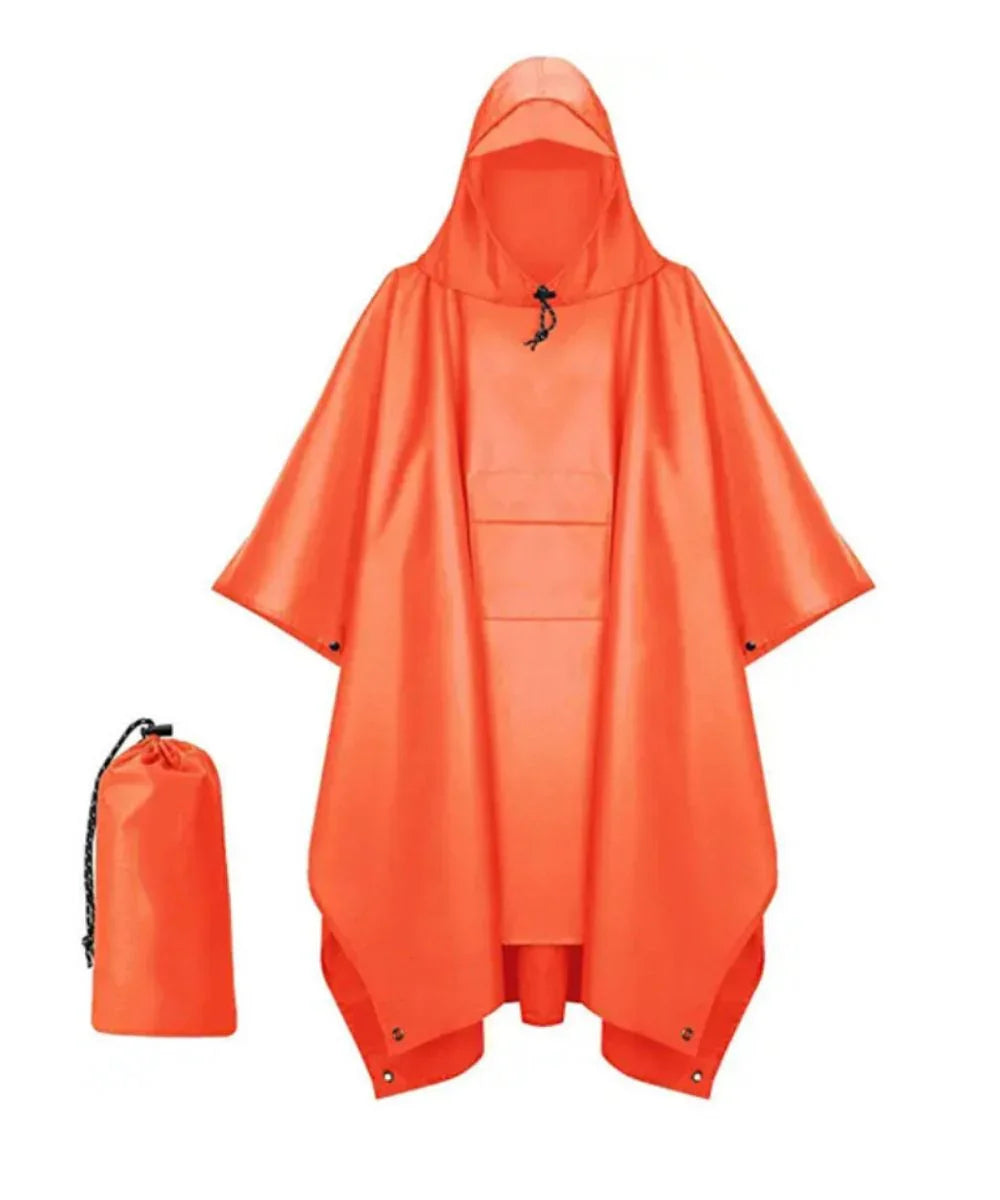 Poncho imperméable orange avec capuche et sac de rangement, idéal pour la pluie ou les activités outdoor