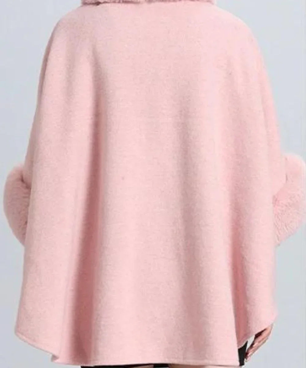 Poncho rose en laine, coupe ample, avec col et poches en fausse fourrure