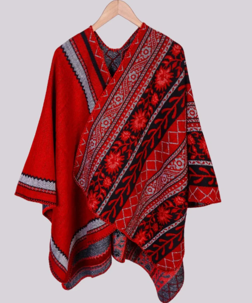 Poncho rouge à motifs ethniques, laine, chaud, hiver, style traditionnel, suspendu sur cintre