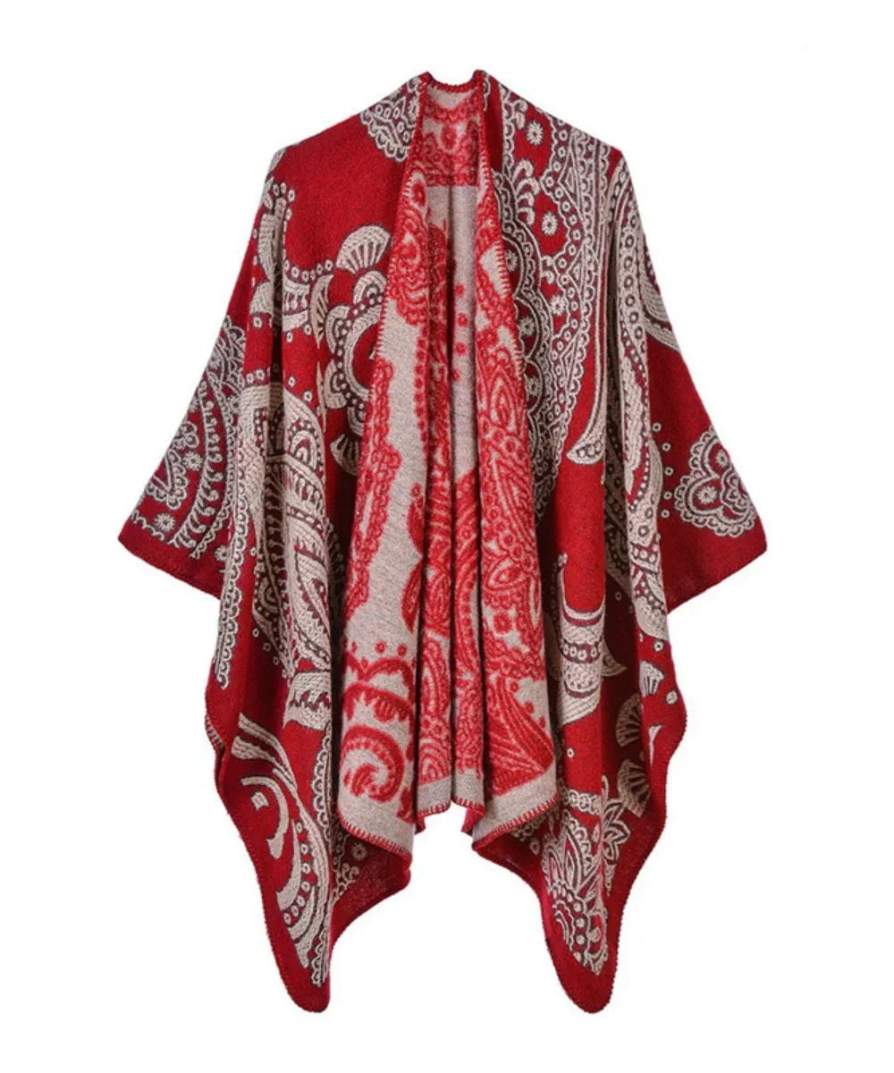 Châle poncho rouge à motifs paisley élégants, coupe ample et confortable, mode femme hiver