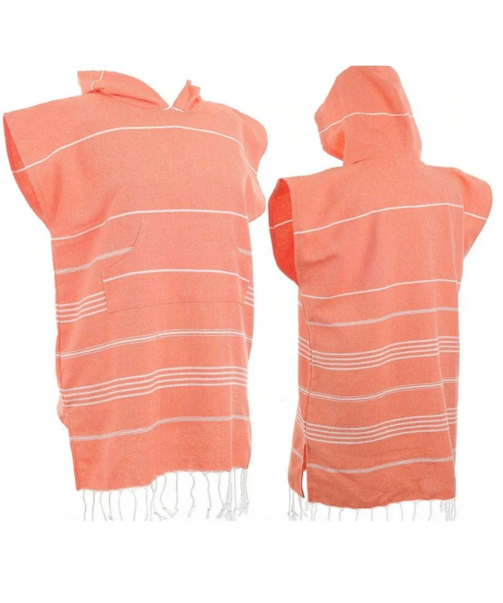 Poncho surf orange corail à capuche, poche kangourou, rayures blanches et franges