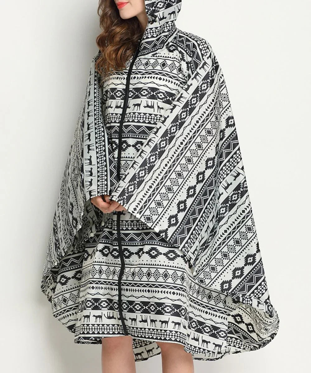 Poncho imperméable femme à capuche, motif géométrique noir et blanc, style ethnique