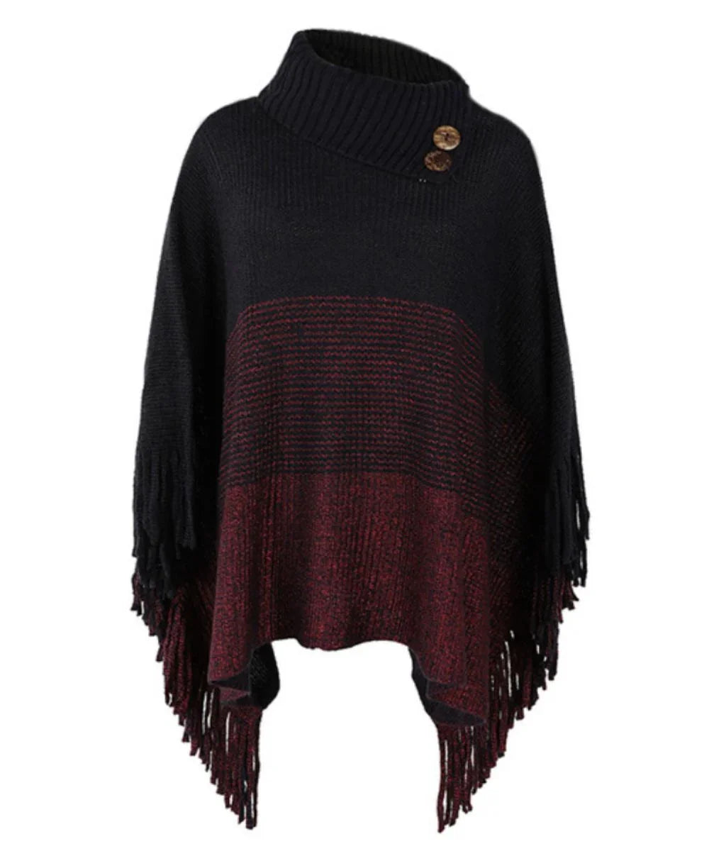 Poncho femme noir et bordeaux avec col roulé, boutons décoratifs et franges