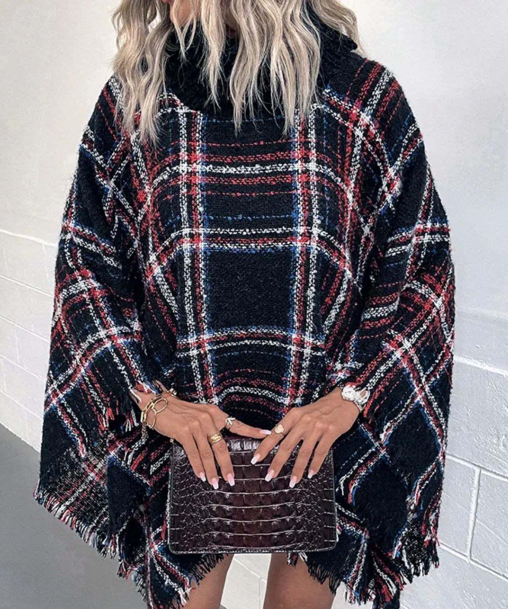 Poncho Bleu Marine à Carreaux - Planète Poncho