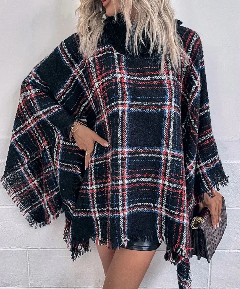 Poncho femme bleu marine à carreaux rouges et blancs, style hivernal élégant