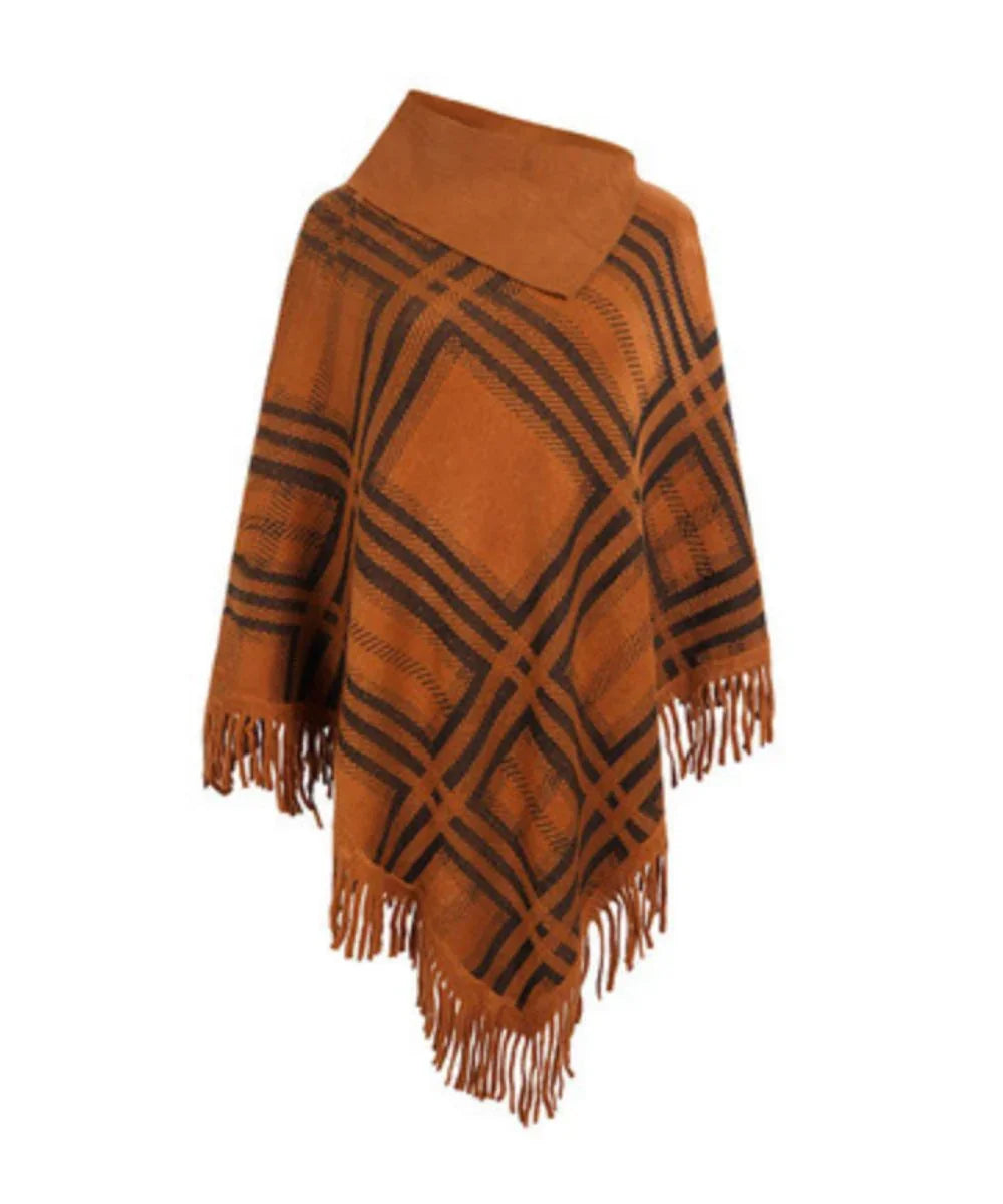 Poncho femme à carreaux marron et noir avec franges, style automne hiver