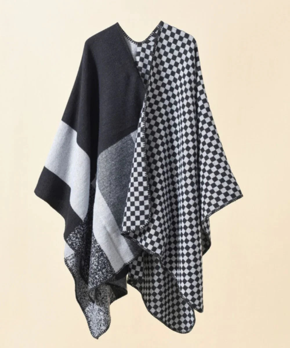 Poncho femme à carreaux noir et blanc, motif géométrique, coupe ample élégante
