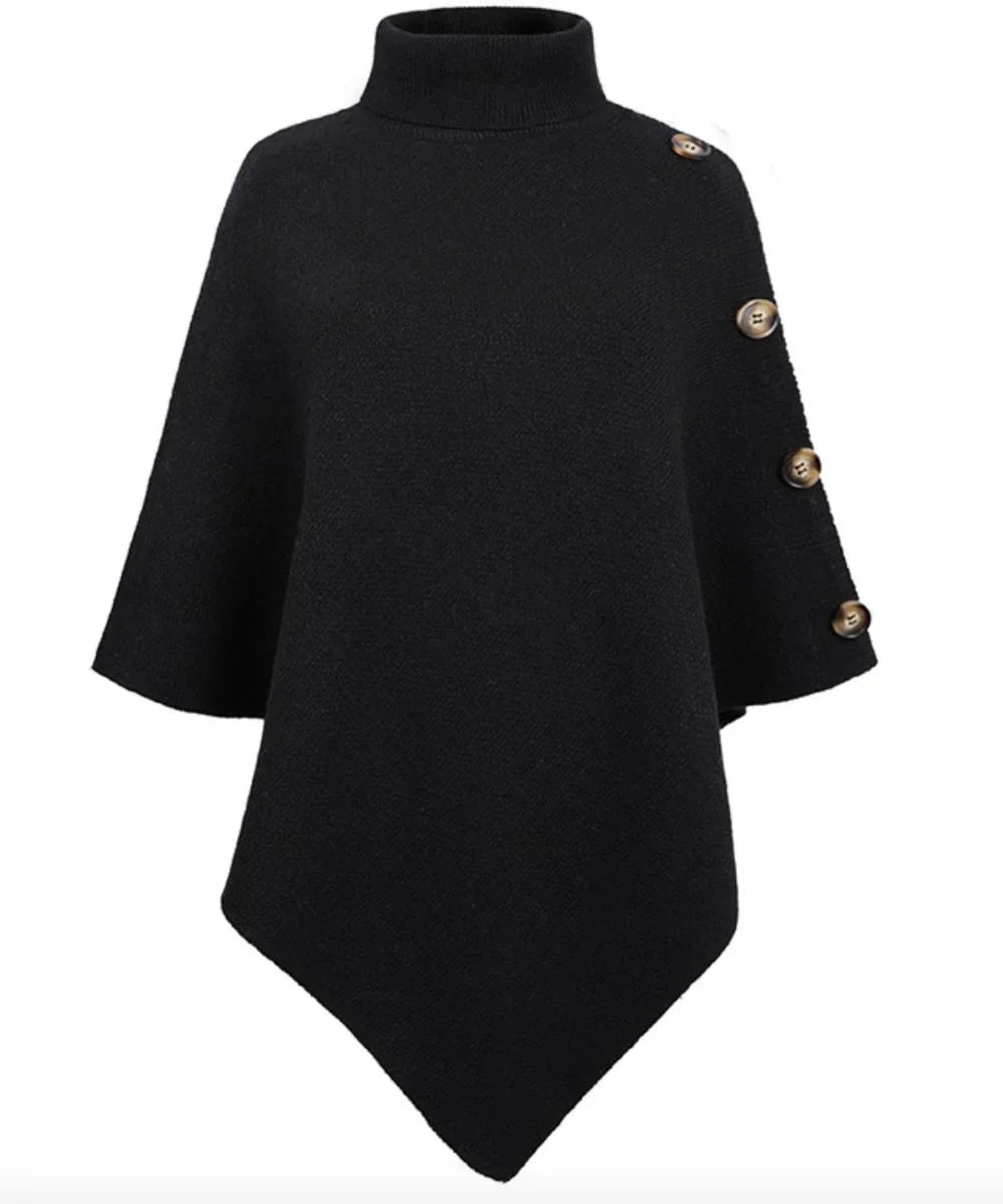 Poncho noir femme à col roulé avec boutons décoratifs sur l’épaule, style élégant.