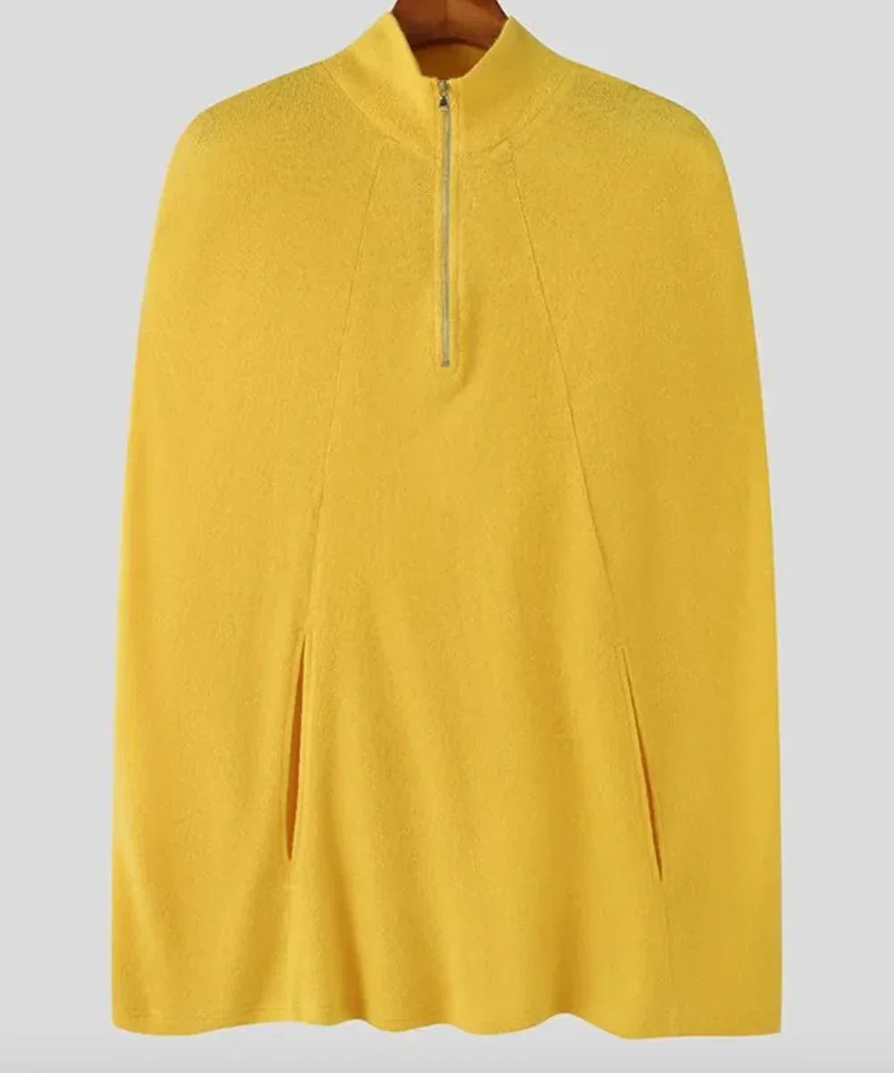Poncho court homme jaune avec demi-fermeture éclair et poches, style décontracté