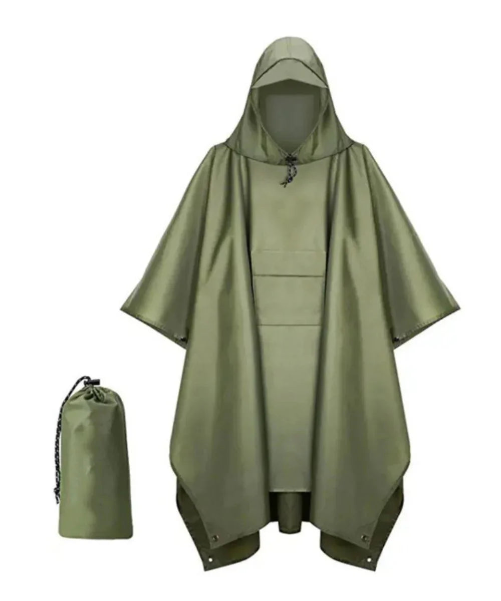 Poncho imperméable vert kaki avec capuche, style camouflage, et pochette de rangement assortie