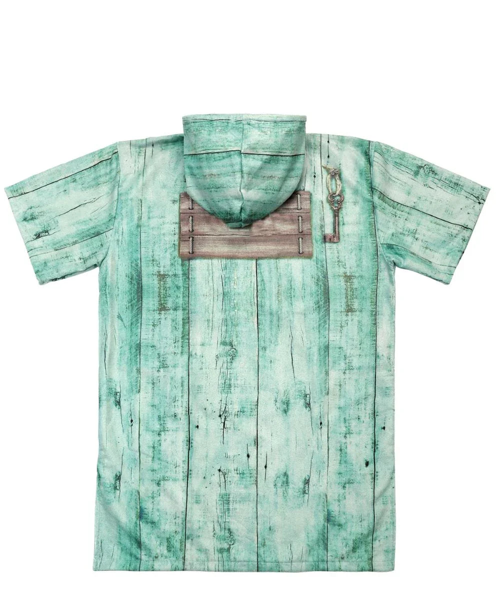 Poncho de surf à capuche motif bois vert, manches courtes, style décontracté.