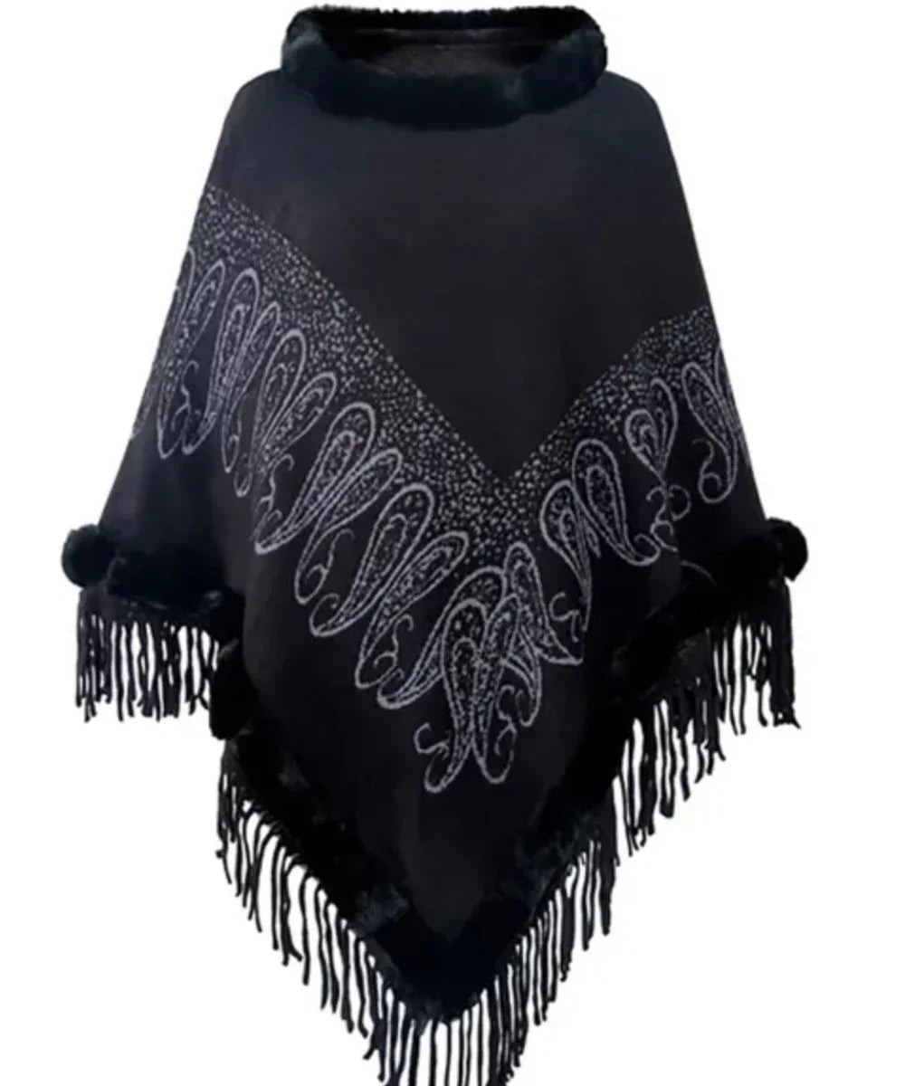 Poncho épais femme noir à motifs paisley, col fourrure, franges, hiver élégant