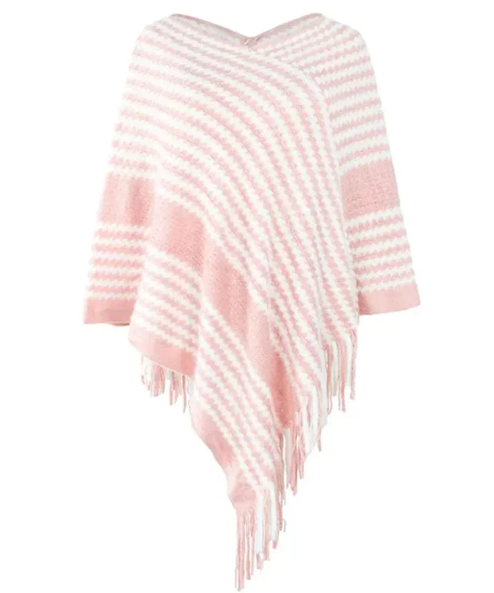 Poncho femme bohème rose et blanc à rayures, motif chevron, franges décoratives