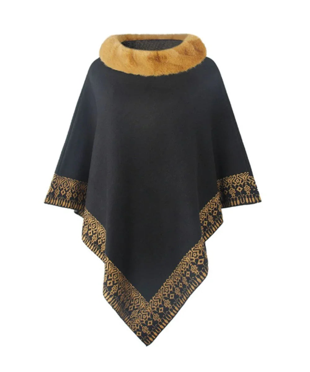 Poncho femme camel en laine noir à col en fausse fourrure et motifs ethniques dorés