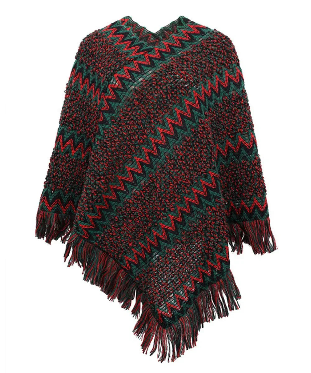 Poncho femme chic tricoté, motifs zigzag rouges et verts, finition à franges