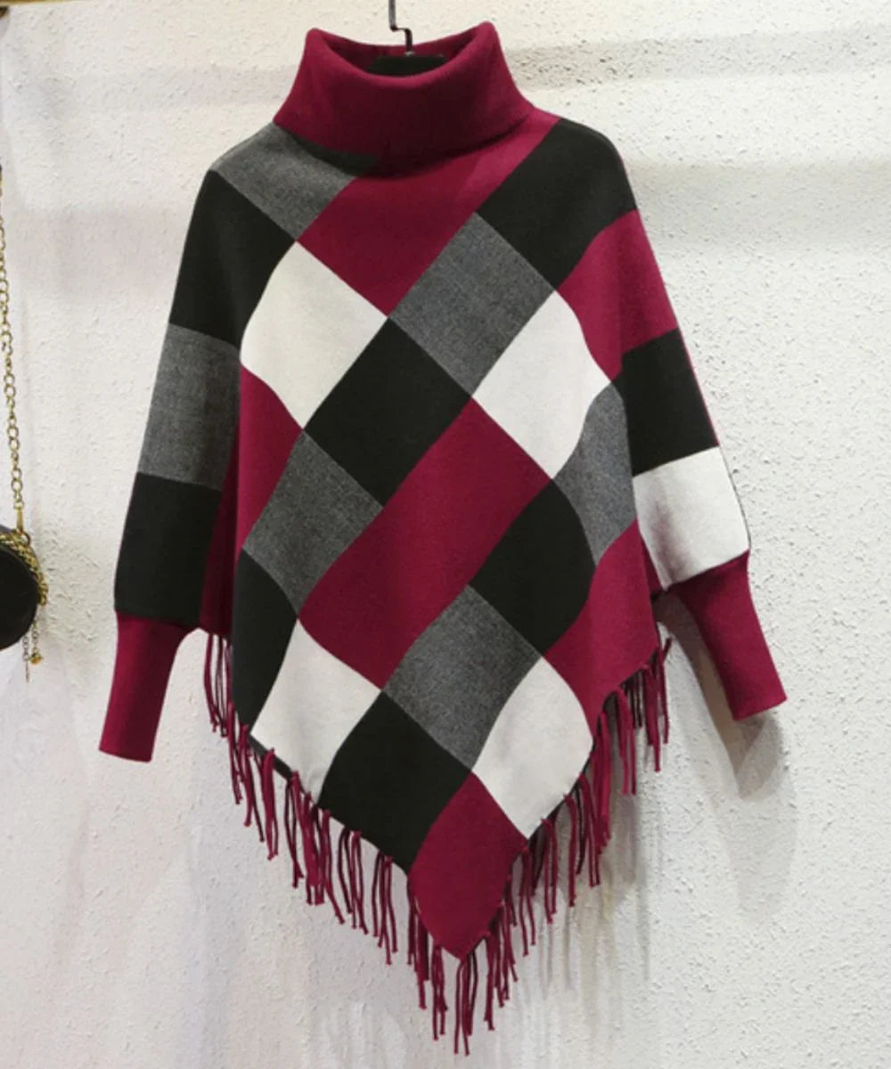 Poncho femme à col roulé, motif à carreaux bordeaux, noir, gris et blanc, avec franges