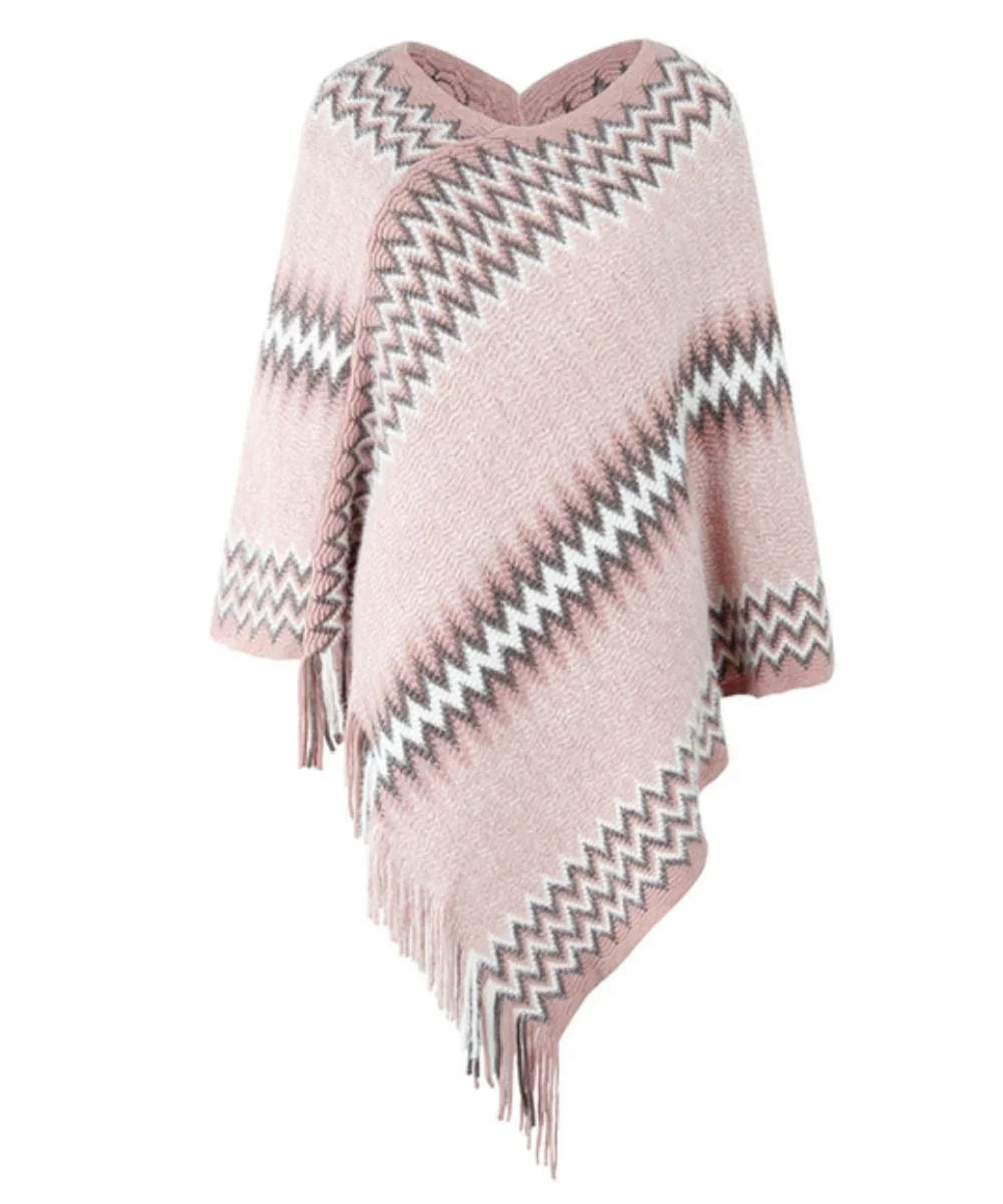 Poncho femme rose à motifs zigzag et franges, coupe asymétrique, style tendance