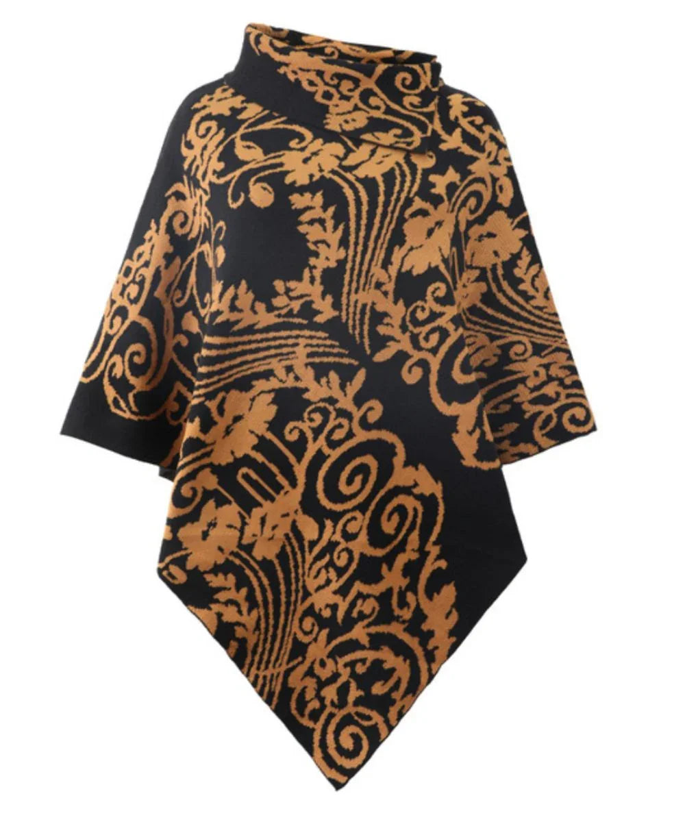 Poncho femme noir à motifs dorés floraux, col montant, style élégant et douillet