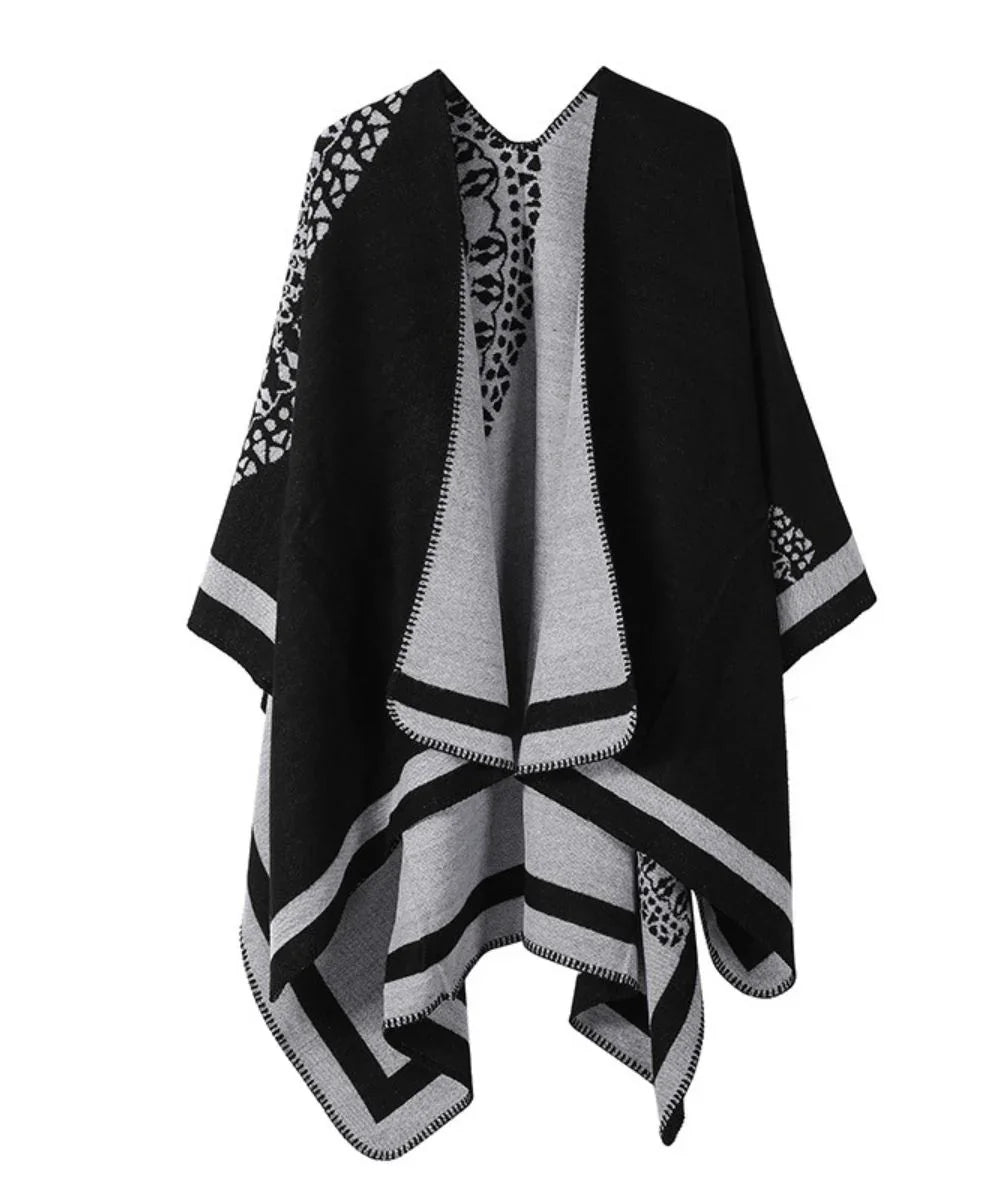 Poncho femme grande taille noir et gris à motifs, coupe ample et élégante