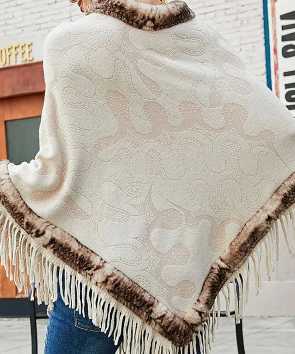 Poncho femme hiver chaud beige à motifs, bordure fausse fourrure et franges