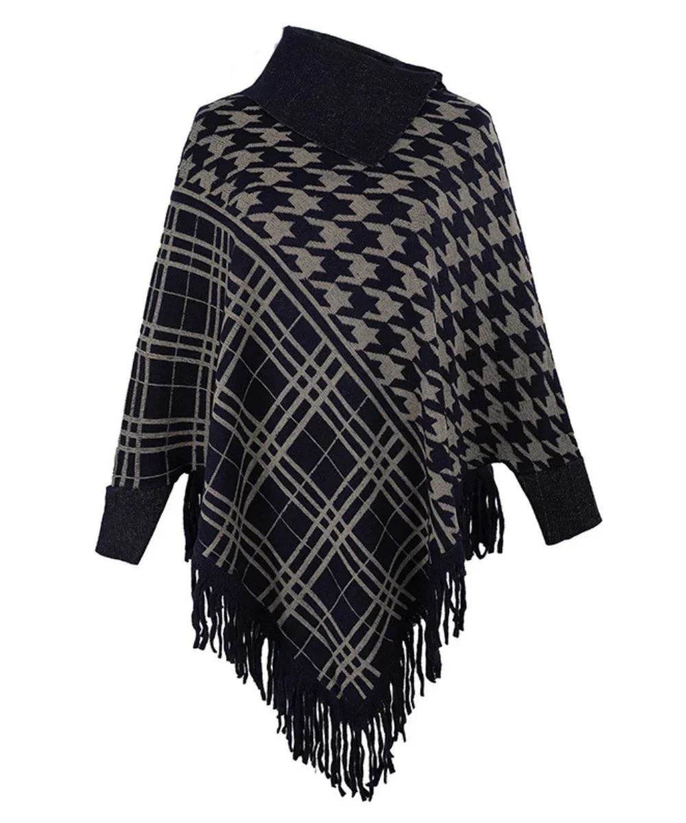 Poncho femme à motifs pied-de-poule et carreaux, laine noire et beige, col montant, franges