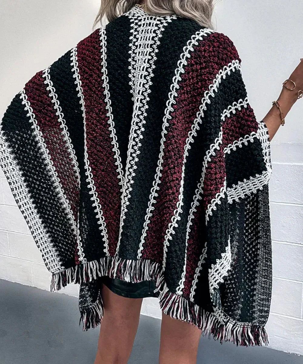 Poncho femme noir chic à rayures bordeaux et blanches avec franges, style décontracté