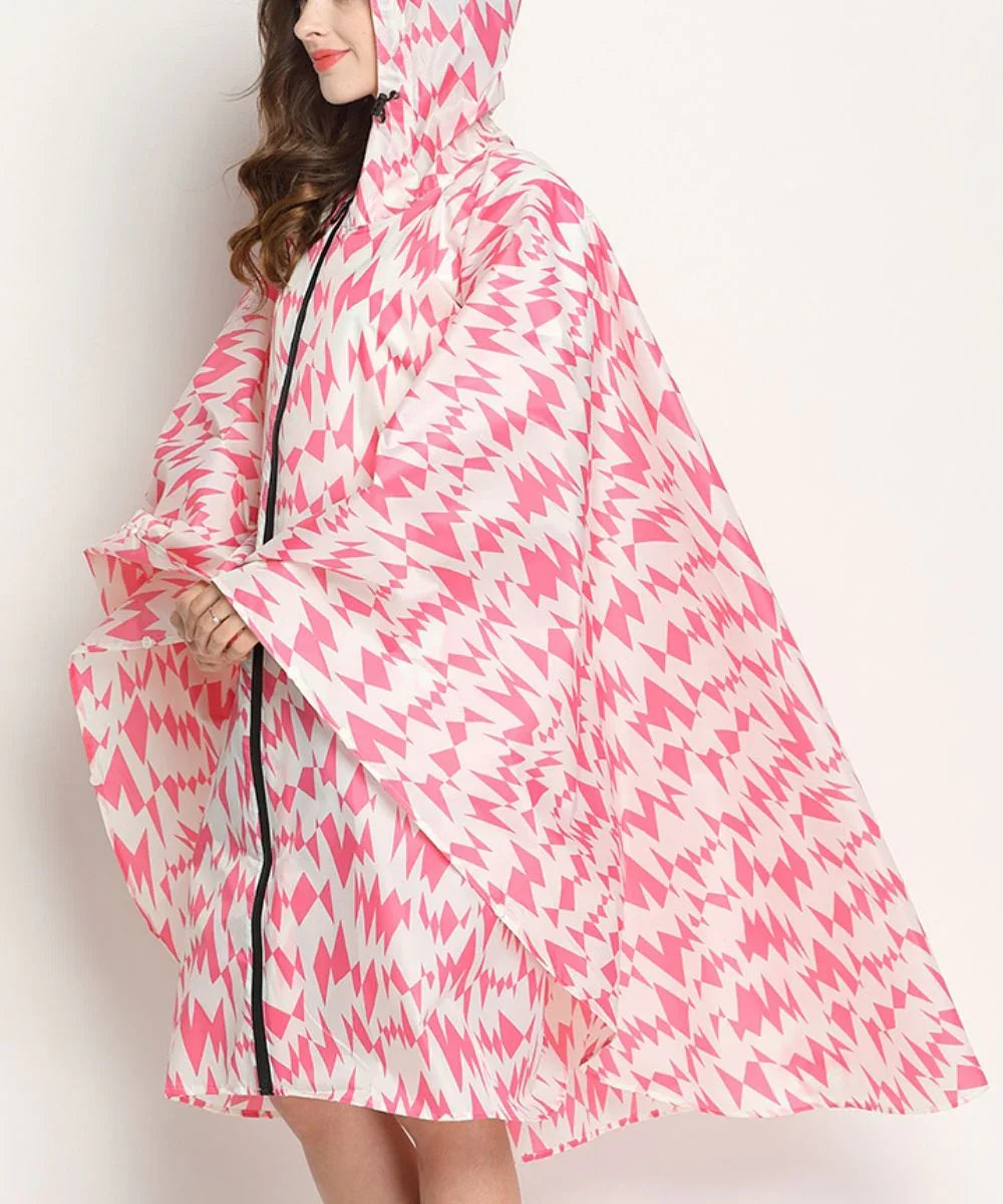 Poncho de pluie femme à capuche, motif rose et blanc, imperméable et tendance.