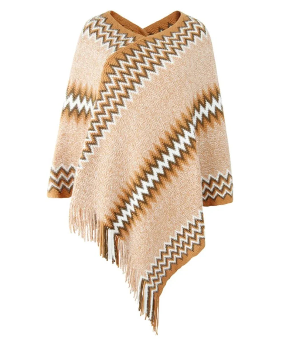 Poncho femme beige à motifs chevrons, franges, style printemps élégant