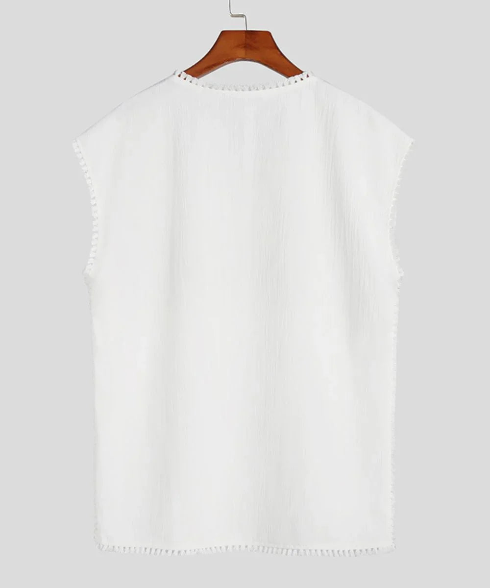 poncho homme coton blanc sans manches, vu de dos, tissu léger, style décontracté