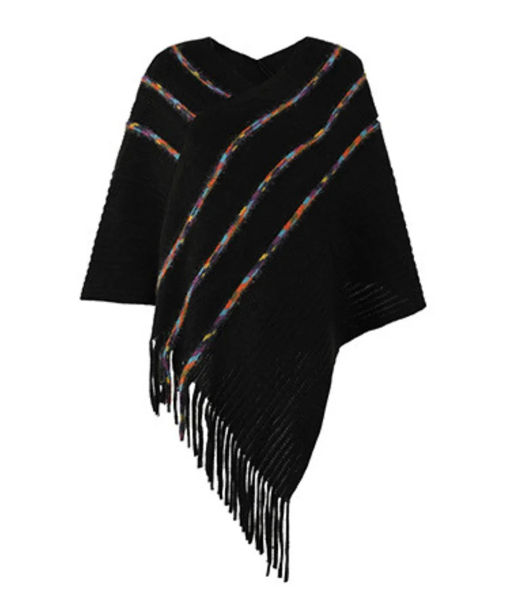 Poncho noir femme avec rayures colorées et franges, style élégant et décontracté
