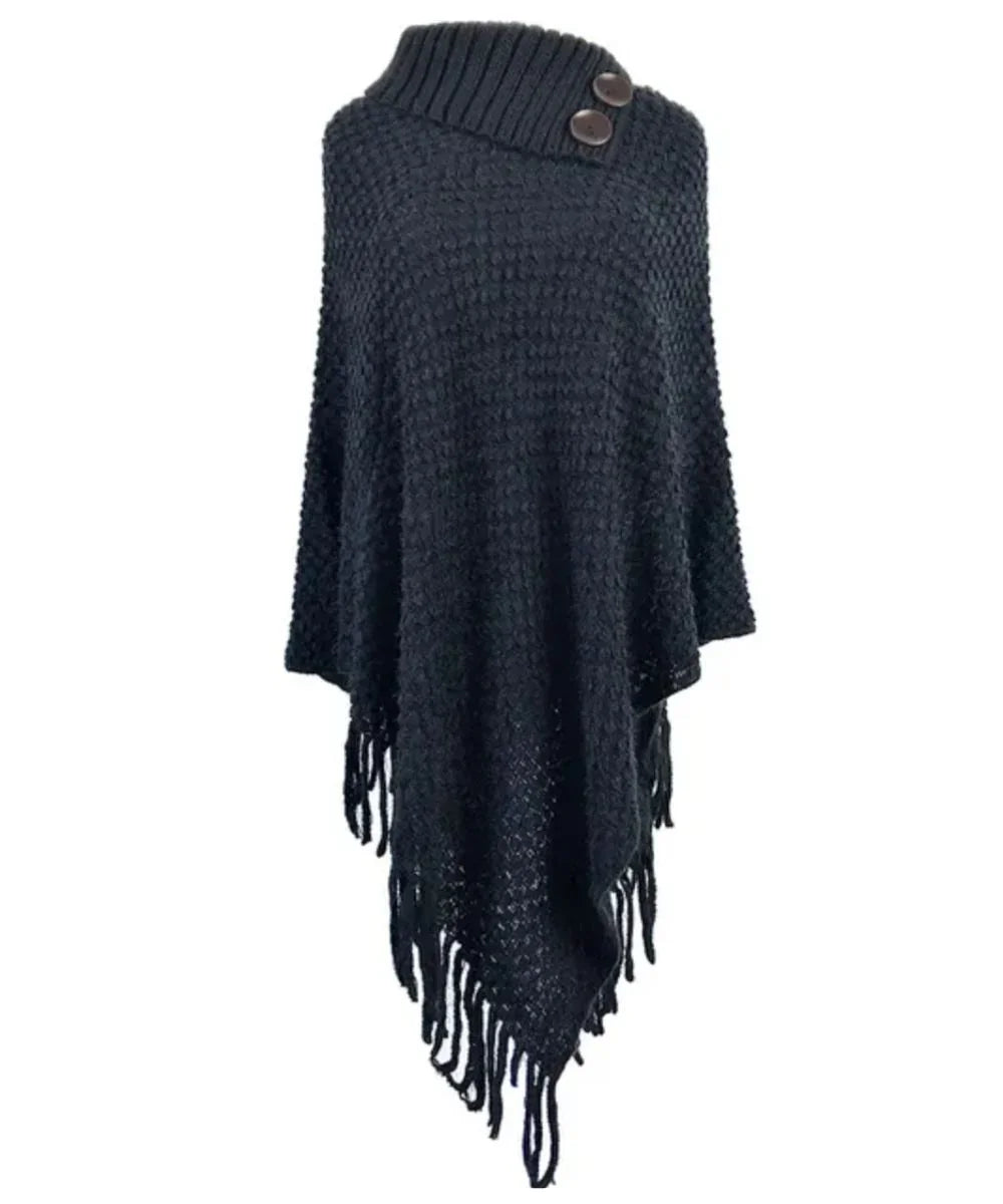 Poncho femme en maille noire avec col boutonné et franges, style élégant hiver