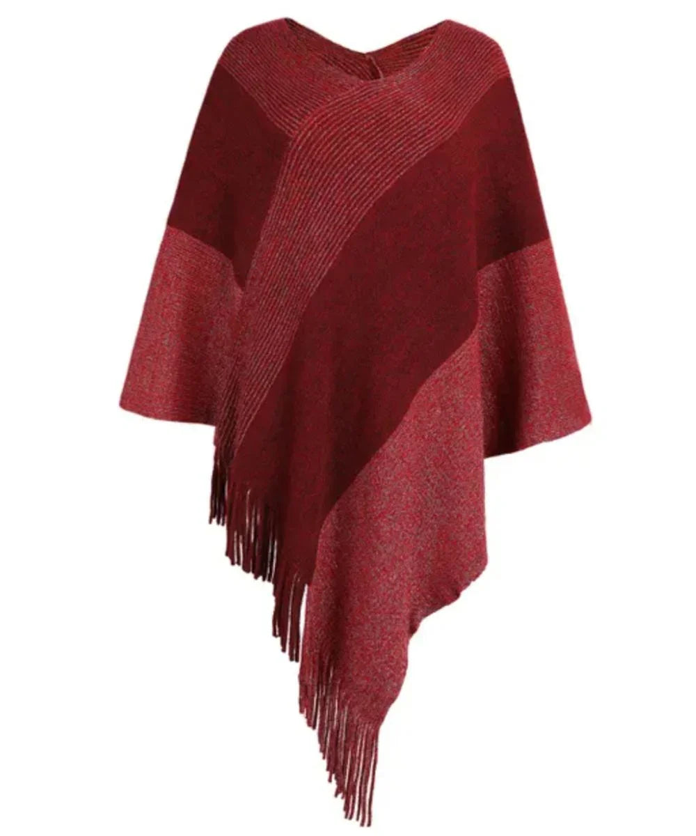 Poncho moderne femme rouge à franges, coupe asymétrique, style élégant hiver