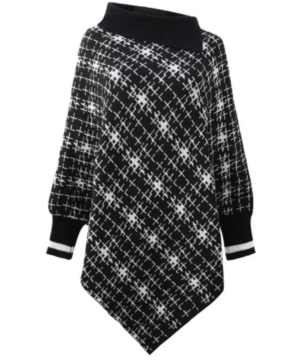 Poncho femme noir et blanc à motif croisé, col montant, manches longues