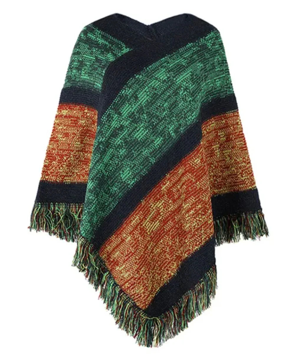 Poncho femme à motifs verts et rouges, rayures noires, franges aux bords