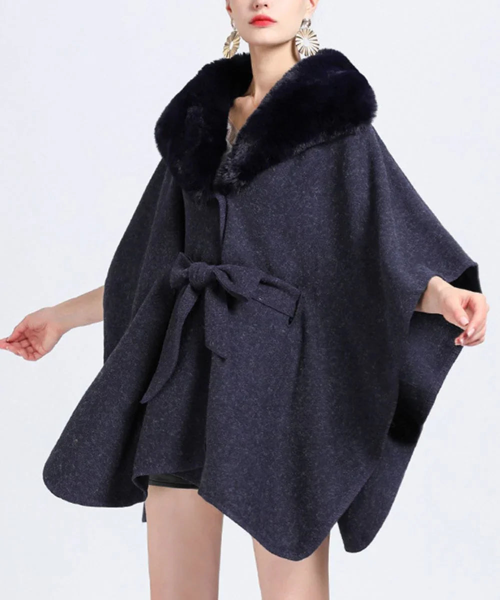 Poncho polaire bleu marine pour femme, col en fausse fourrure, ceinture nouée, élégant