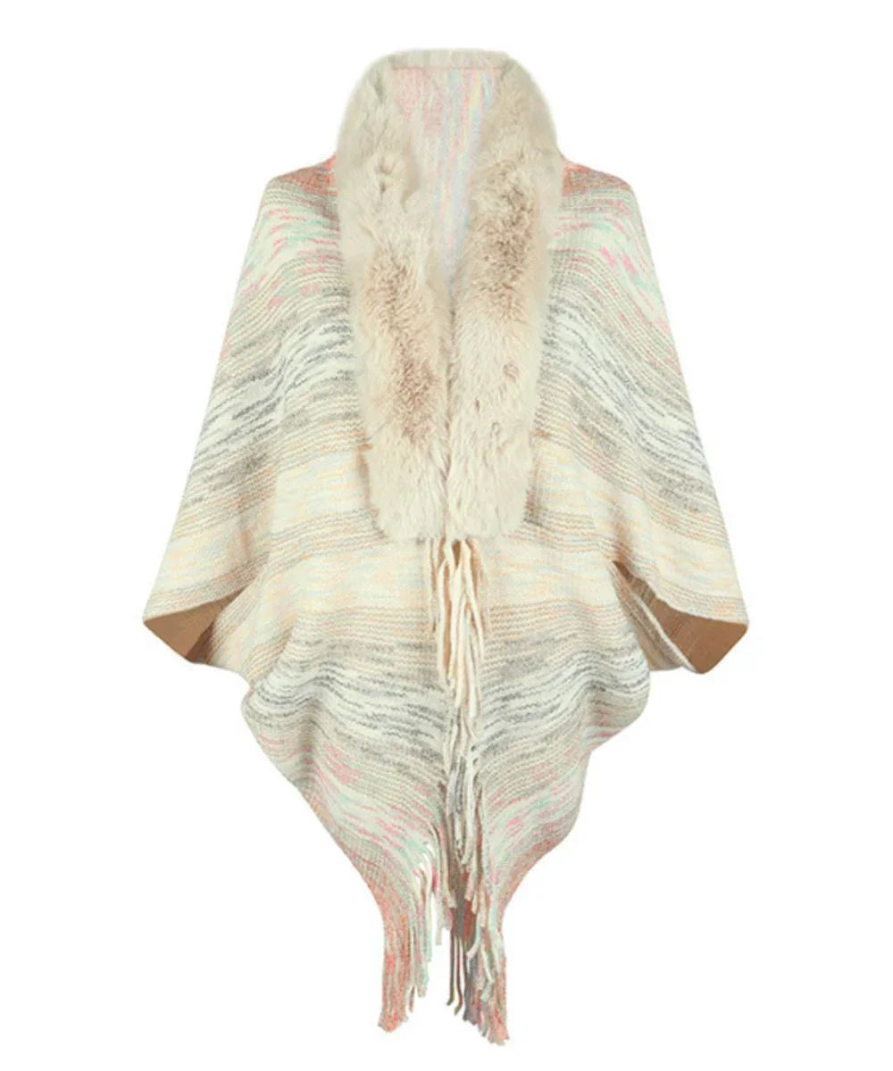 Poncho rose poudré femme, col imitation fourrure, maille douce, franges décoratives